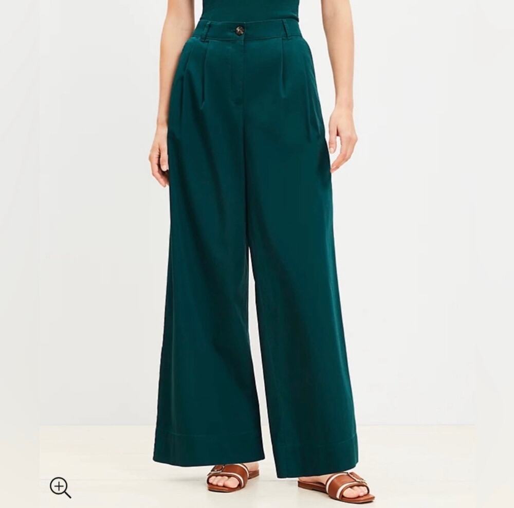 Loft Womens Emerald Green Wide Leg High Waisted Pleated Poplin Pants Sz 2 Preppy